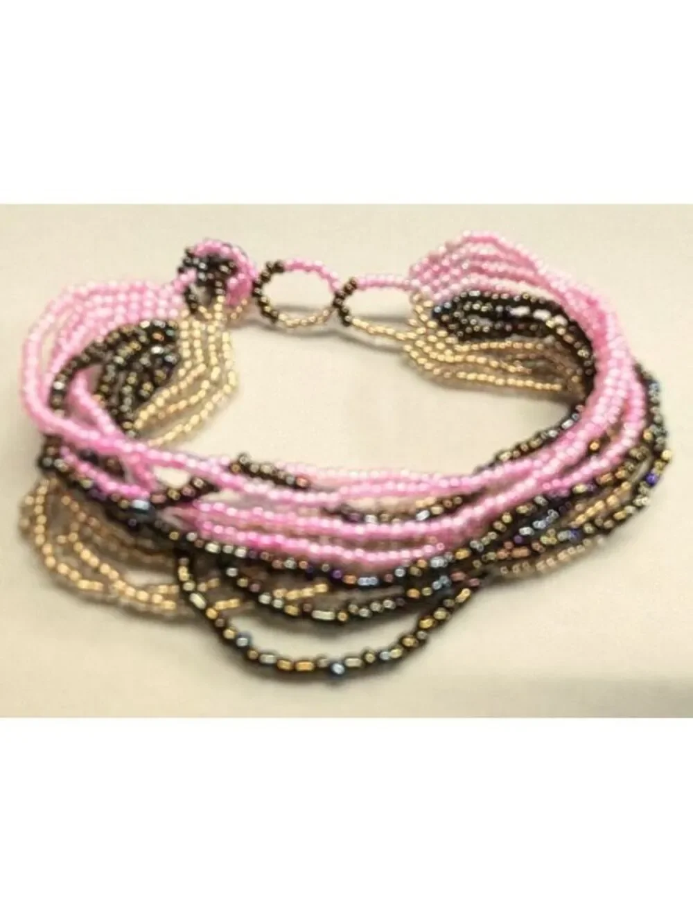 Vtg 12 Multi Strand Beaded Bracelet Pink Gold Black Glass Beads Bohemian 8.5